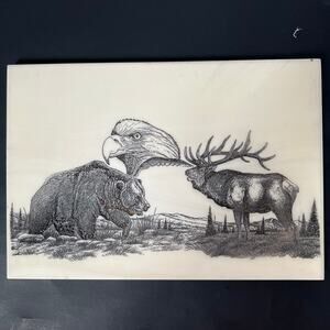 Stone Etched Wilderness Elk Bear Eagle Native Americs Art Picture Decor